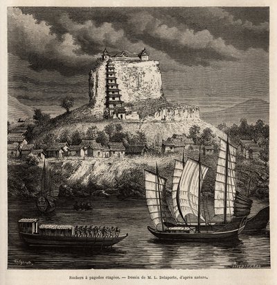 Uma rocha com palco pagode, e vários barcos no rio azul (China), gravado após o desenho de L. Delaporte, para ilustrar a viagem de exploração na Indochina de Francis Garnier, tenente de navio, em 1866-1868, publicado em "Le tour du monde de Louis Delaporte
