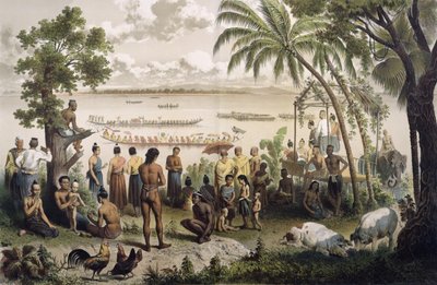 Raças pirogas no rio Bassac, de "Atlas du Voyage dExploration de l&39;Indochine" de Doudart de Lagree (1823-68), publicado em Paris em 1874 (ver 232562 para detalhes) de Louis Delaporte