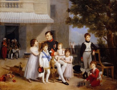 O imperador Napoleão I no terraço do castelo Saint-Cloud cercado por seus filhos de Louis Ducis
