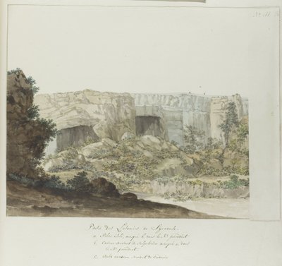 Gedeelte van Latomies caverna em Siracusa Parte das Latomias de Siracusa (título no objeto) Viagens na Itália, Sicília e Malta - 1778 (título da série) de Louis Ducros