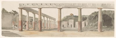 Vista do quartel romano e colunata em Pompeia Vue des Casernes Romaines & de la Colonnade de Pompeja (título no objeto) Voyage en Italy, e Sicile et à Malte - 1778 (título da série) de Louis Ducros