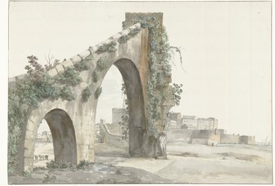 Gezicht op aquaduct na cidade de Taranto Vista do Aquaduct e da cidade de Taranto (título no objeto) Viagens na Itália, Sicília e Malta - 1778 (título da série) de Louis Ducros