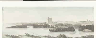Gezicht op de kust van de Adriatische zee met een observatietoren aan de overzijde van Monopoli
Vista de uma torre de observação na costa do Adriático para além de Monopoli, vista a 3 milhas de distância (título sobre o objecto)
Viagem a Ita de Louis Ducros