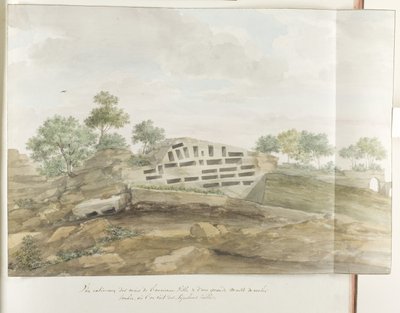 Gezicht op de muren van Agrigentum en vele rotsgraven Vista exterior das muralhas da cidade antiga e de uma grande massa de rocha caída, onde vemos Sepulcros esculpidos (título no objeto) Viagens na Itália, Sicília e Malta - 1778 (título da série) de Louis Ducros