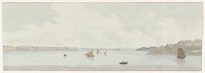 Gezicht op een deel van het Mare Piccolo Vista de parte do Mare Piccolo, onde ficava a localização da ponte velha, a foz do Galesus (título no objeto) Viagens na Itália, Sicília e Malta - 1778 (título da série) de Louis Ducros