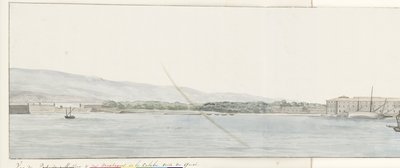 Gezicht op paraíso de Messina em bergen van Calabrië vanaf kade Vista do Porto de Messina e das montanhas da Calábria, tirada do Cais (título no objeto) Viagens na Itália, Sicília e Malta - 1778 (título da série) de Louis Ducros