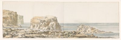 Gezicht op rots losgeraakt van kust em Inham van Gozo Vista de uma rocha destacada da costa de Ghozo no Anse chamada Calata Dulyra (título no objeto) Viagens na Itália, Sicília e Malta - 1778 (título da série) de Louis Ducros