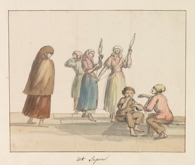 Trajes tradicionais da ilha de Gozo Costume de Ghozo (título no objeto) Voyage en Italy, e Sicile et à Malte - 1778 (título da série) de Louis Ducros