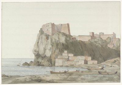 Arrotos na cidade Scilla in de regio Calabrië aan de westkust Rock & Town of Scilla na Calábria; vista tirada do lado do pôr do sol (título no objeto) Viagens na Itália, Sicília e Malta - 1778 (título da série) de Louis Ducros