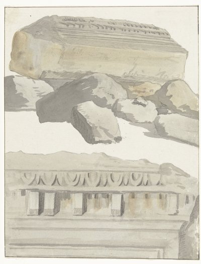 Twee stukken van een architraaf van de antieke temple em de oude stad Manduria Vista de uma sala da arquitrave do antigo templo na antiga cidade de Manduria Viagens na Itália, Sicília e Malta - 1778 (título da série) de Louis Ducros