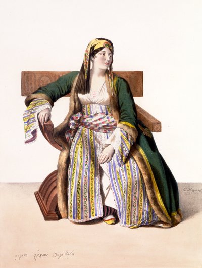 Uma mulher grega de libré - placa XVI, gravada por Lemercier de "Viagem à Atenas e à Constantinopla", escrita e ilustrada por Dupre, 1828 de Louis Dupré