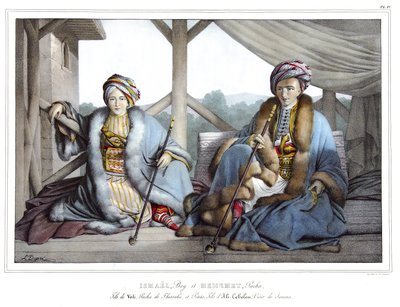 Ismael, Bey e Mehemet Pasha, filho de Veli, pasha de Tessália e neto de Ali Tebelen (1741-1822), vizir de Janina, em "Viagem a Atenas e Constantinopla, ou coleção de retratos gregos e otomanos, vistas e figurinos, pintados em lugares de natu de Louis Dupré