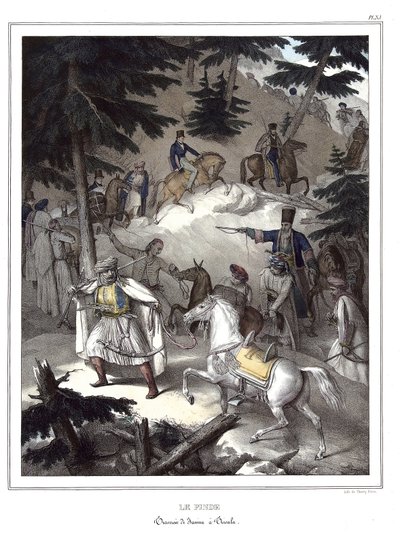 Le Pinde, traversee de Janina a Tricala. em "Journey to Athenes and Constantinople, ou coleção de retratos gregos e otomanos, vistas e figurinos, pintados em lugares depois da natureza, litografias e colórias de Louis Dupre (1789-1837), aluno de David.1825 de Louis Dupré