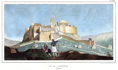 Vista da Acrópole de Athenes. em "Journey to Athenes and Constantinople, ou coleção de retratos gregos e otomanos, vistas e figurinos, pintados em lugares da natureza, litografias e colórias por Louis Dupre (1789-1837), aluno de David.1825. de Louis Dupré