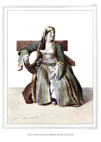 Uma senhora grega de Livadie. em "Journey to Athenes and Constantinople, ou coleção de retratos gregos e otomanos, vistas e fantasias, pintados em lugares da natureza, litografias e colórias por Louis Dupre (1789-1837), aluno de David.1825. de Louis Dupré