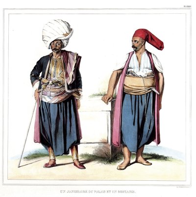 Um Janissário do palácio e um bostangi (jardineiro da sereia). em "Journey to Athenes and Constantinople, ou coleção de retratos gregos e otomanos, vistas e figurinos, pintados em lugares da natureza, litografias e colórias de Louis Dupre (1789-183 de Louis Dupré