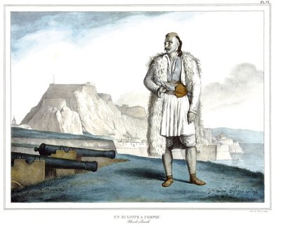 Um Suliote em Corfu, Nicolo Pervoli, em "Journey to Athenes and Constantinople, ou coleção de retratos gregos e otomanos, vistas e figurinos, pintados em lugares depois da natureza, litografias e colórias de Louis Dupre (1789-1837), aluno de David.1825. de Louis Dupré