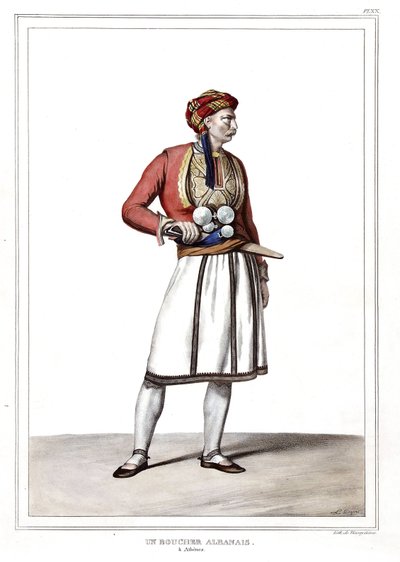 Um açougueiro albanês em Athenes. em "Journey to Athenes and Constantinople, ou coleção de retratos gregos e otomanos, vistas e fantasias, pintados em lugares da natureza, litografias e colórias por Louis Dupre (1789-1837), aluno de David.1825. de Louis Dupré