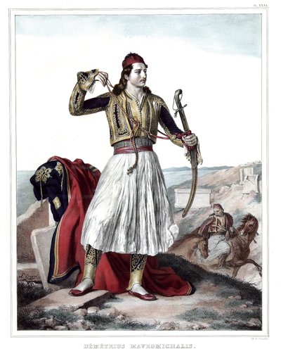 Demetrius Mavromichalis, soldado grego e patriota. em "Journey to Athenes and Constantinople, ou coleção de retratos gregos e otomanos, vistas e figurinos, pintados em lugares da natureza, litografias e colórias de Louis Dupre (1789-1837), aluno de Da de Louis Dupré