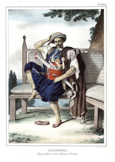 Kalioundji, marinheiro militar, se liga ao Admiraut otomano. em "Journey to Athenes and Constantinople, or collection of Greek and Ottoman portraits, views and costumes, painted on places of nature, lithographs and colories by Louis Dupre (1789-1837), p de Louis Dupré