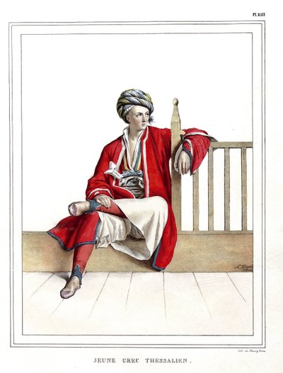 Jovem grego tessaliano. em "Journey to Athenes and Constantinople, ou coleção de retratos gregos e otomanos, vistas e fantasias, pintados em lugares depois da natureza, litografias e colórias por Louis Dupre (1789-1837), aluno de David.1825. de Louis Dupré