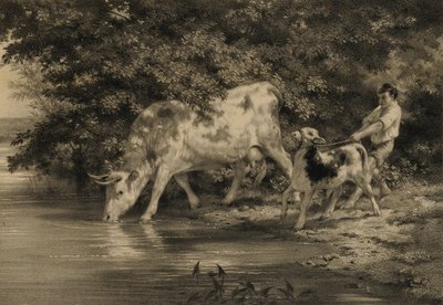Rapaz com vaca e bezerro junto ao rio de Louis Emmanuel Soulange Tessier