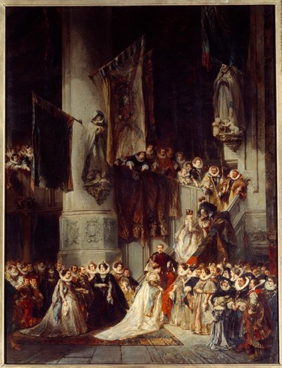 Uma cerimónia na Igreja de Delft. Pintura que representa um casamento na Holanda no século XVI. Pinturas de Louis Gabriel Eugene Isabey (1803-1886) de Louis Eugene Gabriel Isabey