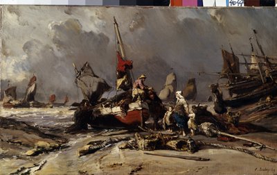 ""Depois da tempestade"" (Depois da tempestade) Um pescador encontra sua família após a tempestade. Pintura de Louis Gabriel Eugene Isabey (1803-1886) 1869 Dim. 36,5x60 cm Museu Hermitage, São Petersburgo de Louis Eugene Gabriel Isabey