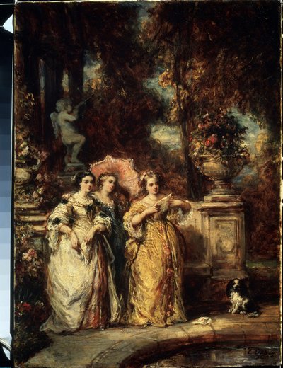 "The Stroll" Três jovens raparigas de uma boa família num parque. Pintura de Louis Gabriel Eugene Isabey (1803-1886) 1852 Museu Pushkin, Moscovo de Louis Eugene Gabriel Isabey