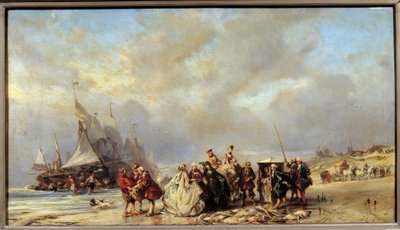Senhores na praia do scheveningue comprando peixe (século XVIII). Pintura de Louis Gabriel Eugene Isabey (1803-1886) de Louis Eugene Gabriel Isabey