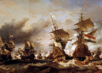 Guerra contra a Liga de Augsburg: "Batalha do Texel em 29/06/1694, vitória de Jean Bart (1650-1702) sobre o esquadrão holandês do Almirante de Friesland" Os franceses apreendem navios holandeses carregados de trigo. Pintura de Louis Gabriel Eugene Isabey ( de Louis Eugene Gabriel Isabey