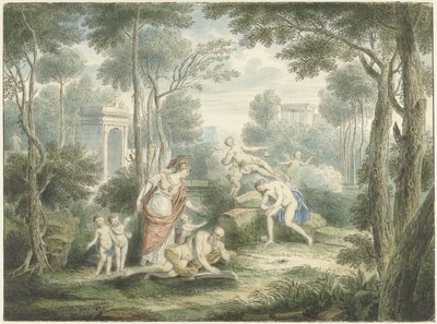 Paisagem Arcadian com Athena coroando um velho e Vênus e Adonis de Louis Fabritius Dubourg