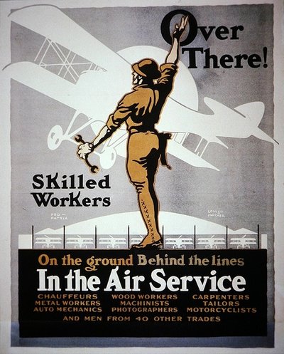 "Trabalhadores qualificados em terra atrás das linhas no serviço aéreo", cartaz de recrutamento da Primeira Guerra Mundial de Louis Fancher