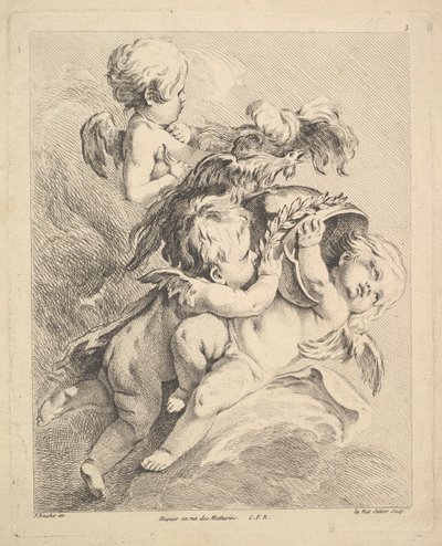 Três Cupidos a Segurar um Capacete. de Louis Felix de la Rue