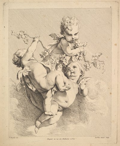 Três Cupidos a Jogar com Ramos de Videira. de Louis Felix de la Rue