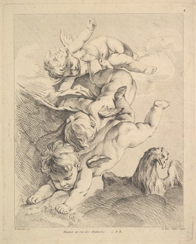 Três Cupidos a Virar um Somersault, uma Águia à Direita. de Louis Felix de la Rue
