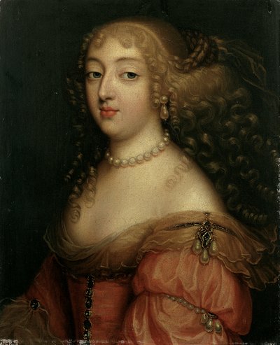 Retrato de uma senhora, dita Laura Mancini, duquesa de Mercoeur, comprimento do busto, em um vestido vermelho, com um colar de pérolas e brincos de Louis Ferdinand Elle