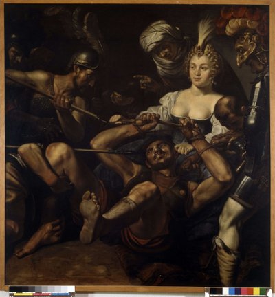 Sansão e Dalila: Sansão perde força enquanto Dalila corta o cabelo (óleo sobre tela) de Louis Finsonius or Finson