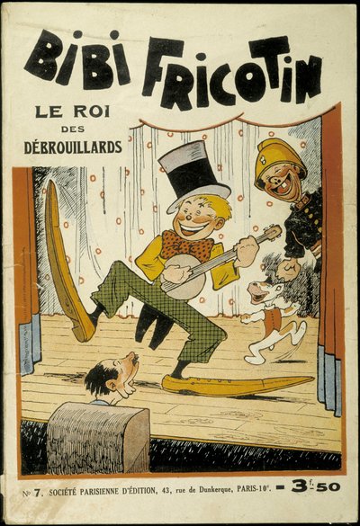 Bibi Fricotin, o rei dos bandidos (tocando banjo no palco) - capa do N° 7. Por Louis Forton (1879-1934) de Louis Forton