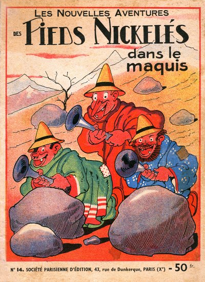 capa de uma banda desenhada de Louis Forton (1879-1934): Les Pieds Nickeles dans le maquis (edição de 1949 do volume 14 das aventuras do trio). Croquignol , Ribouldingue e Filochard na Córsega.
Gusman/Leemage de Louis Forton
