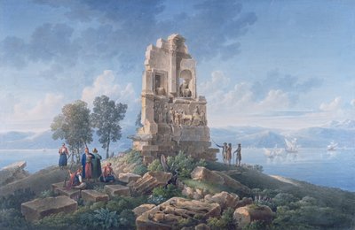 Túmulo de Philopappos em Atenas, com viajantes. 1821 (Tinta e aguarelas) de Louis Francois Cassas