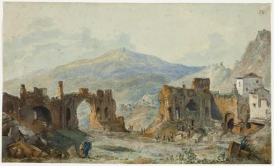 O antigo teatro de Taormina com vista para o Etna, estudo para a Viagem Pitoresca de Nápoles e da Sicília de Saint Non de Louis Francois Cassas