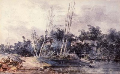 Casas de campo e salgueiros por um riacho com figuras de Louis Gabriel Moreau