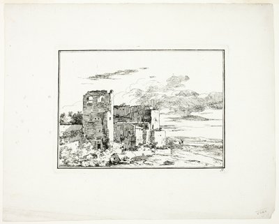Edifícios em ruínas perto de uma margem de rio, placa 9 de Quatrieme suite de paysages dessinés et grave a l