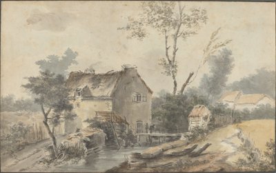 Moinho com Ponte e Figuras de Louis Gabriel Moreau the Elder