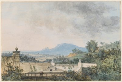 Vista panorâmica de um parque com terraço de Louis Gabriel Moreau the Elder