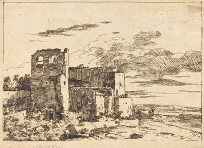 Edifícios em ruínas perto de um banco de rio de Louis Gabriel Moreau the Elder