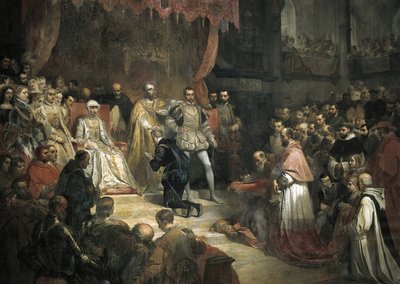 A abdicação de Carlos V (1500-1558) em favor de seu filho Filipe II (1527-1598) de Louis Galna