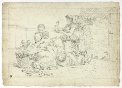 Sagrada Família com Anjo Portador de Esgoto (anverso); metade direita de esboço para luneta (verso) de Louis Gauffier