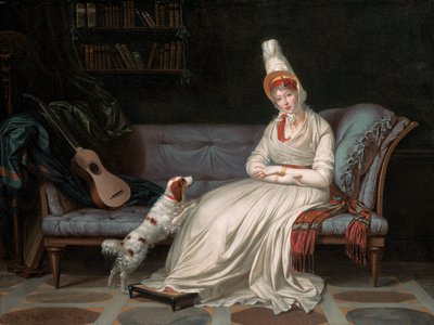 Retrato de Elizabeth, Lady Webster, mais tarde Lady Holland, em um vestido branco com seu spaniel Pierrot, c.1795 de Louis Gauffier